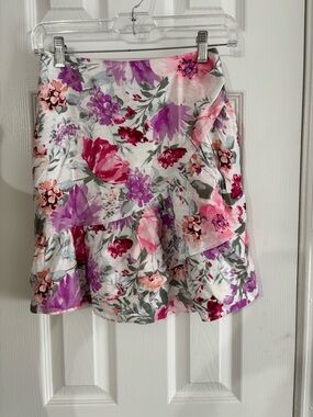 Express Floral Ruffle Wrap Mini Skirt - Pink, Purple & White
